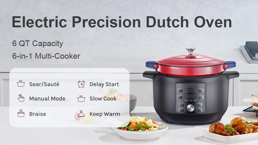 Easy Clean Design 6 Quart Electric Dutch Oven Includes 2 Silicone Pot Holders & Heat Resistant Pad