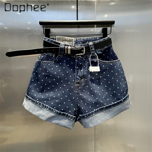 Korean Fashion Polka Dot Denim Shorts Women's High Waist Rolled Wide Leg Short Pants 2024 Summer New Casual Loose Jenas Short