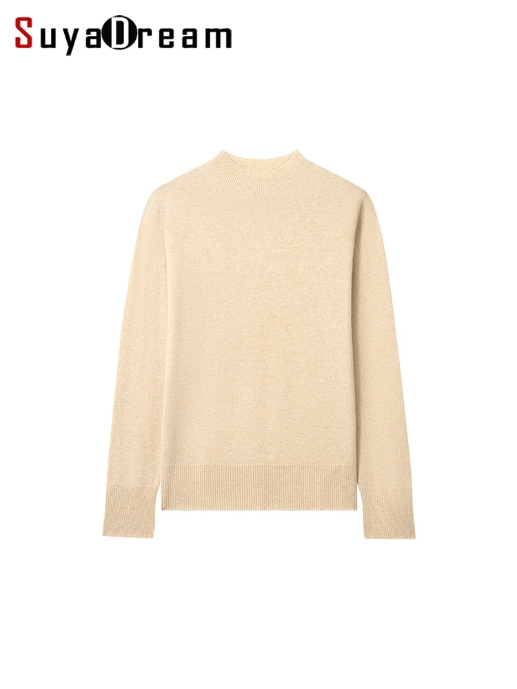 

SuyaDream, Women Pullovers, 100%Sheep Wool, Mock Neck, Plain Knit Basic Sweaters, 2024 Fall Winter Warm Top, beige, pink