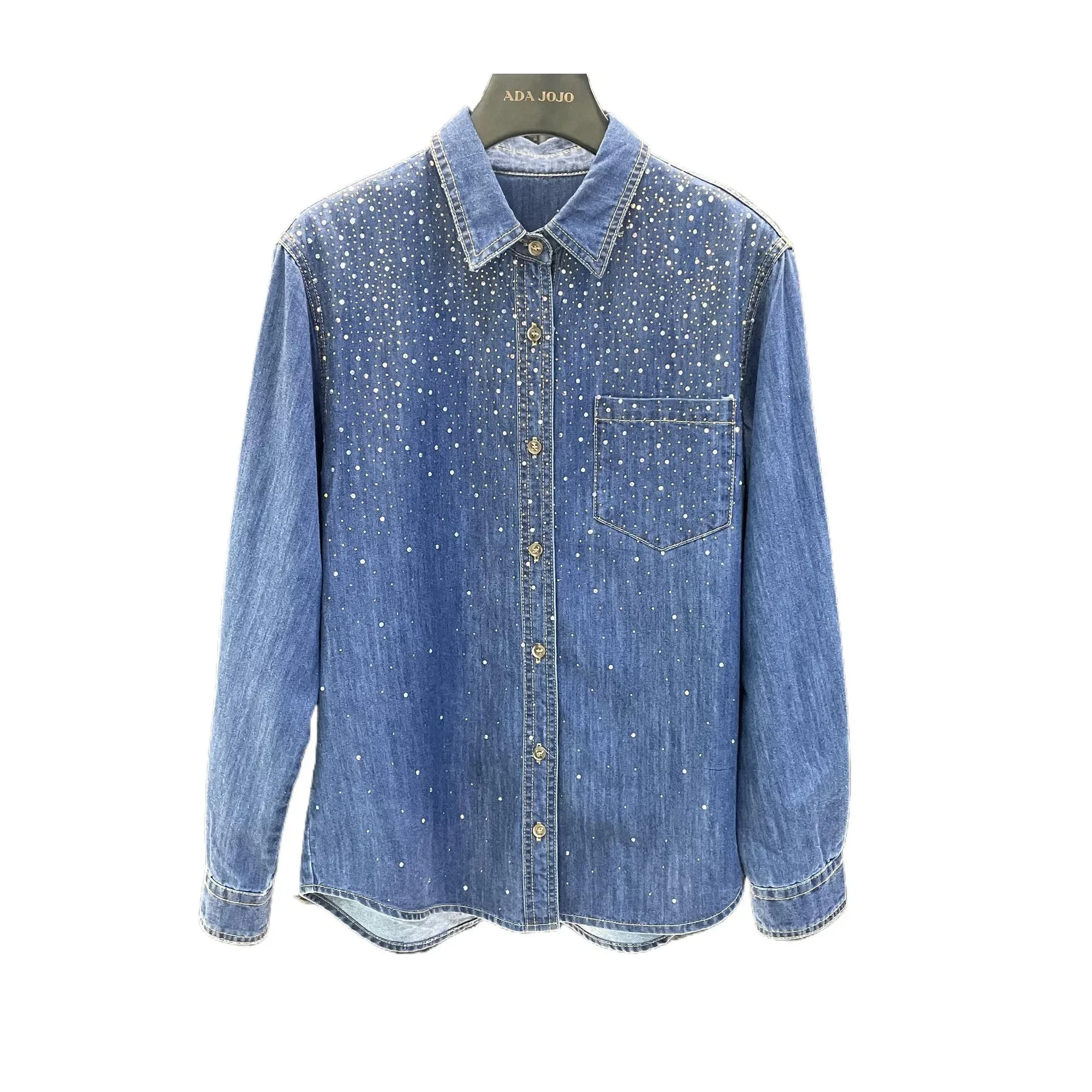 Starry Sky Diamonds Beaded Denim Shirt Retro Hot Drilling Sequined Jeans Blouses Coat Single Breasted Cowboy Cardigan Tops