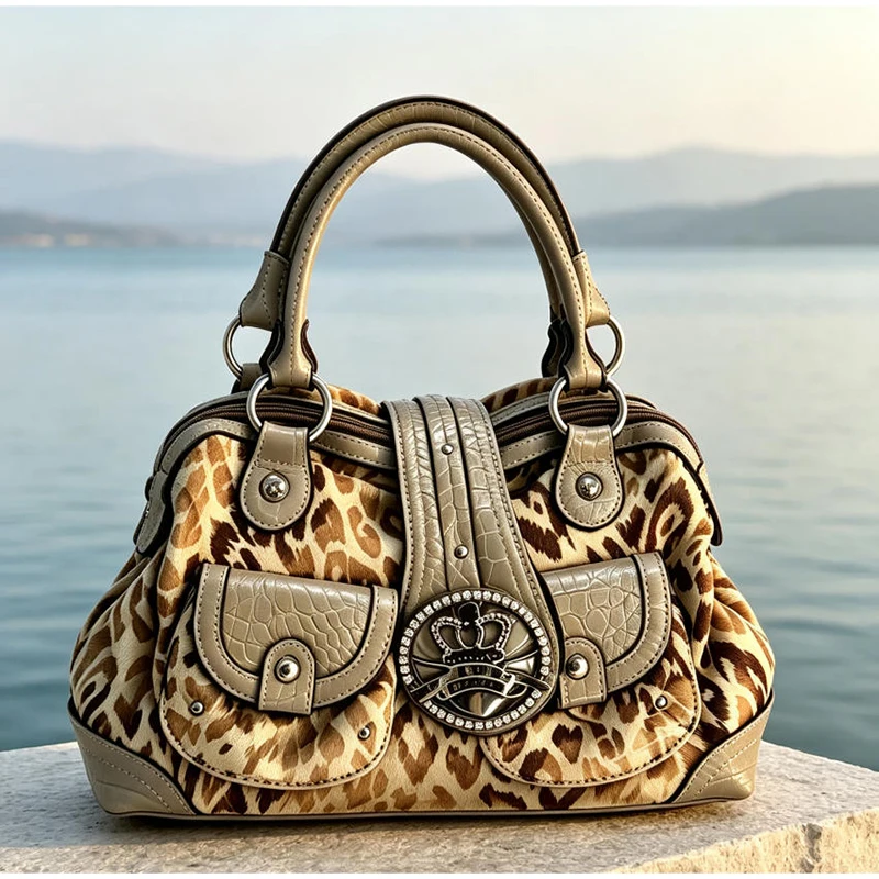 Fashion Leopard Print Tote Bag Large Capacity Vintage Handbag Belt Buckle Decor Single Shoulder Bag Retro Handbag Commuter Bag