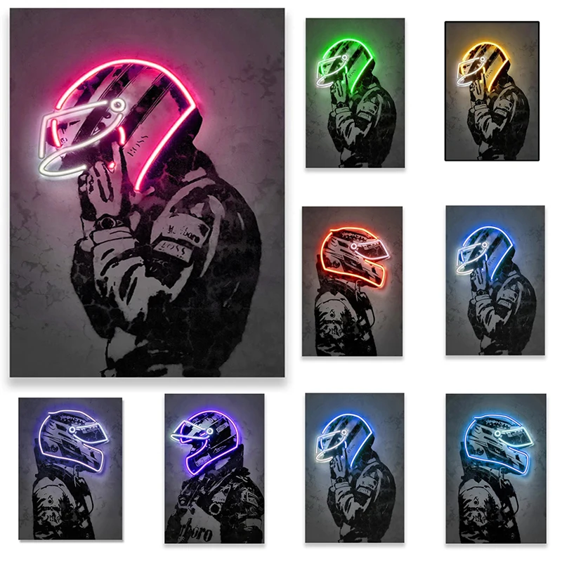 Vintage Helmet Man Art Poster Neon Racing Suit Print Modern Graffiti Wall Art Canvas Painting Picture Bedroom Living Room Decor