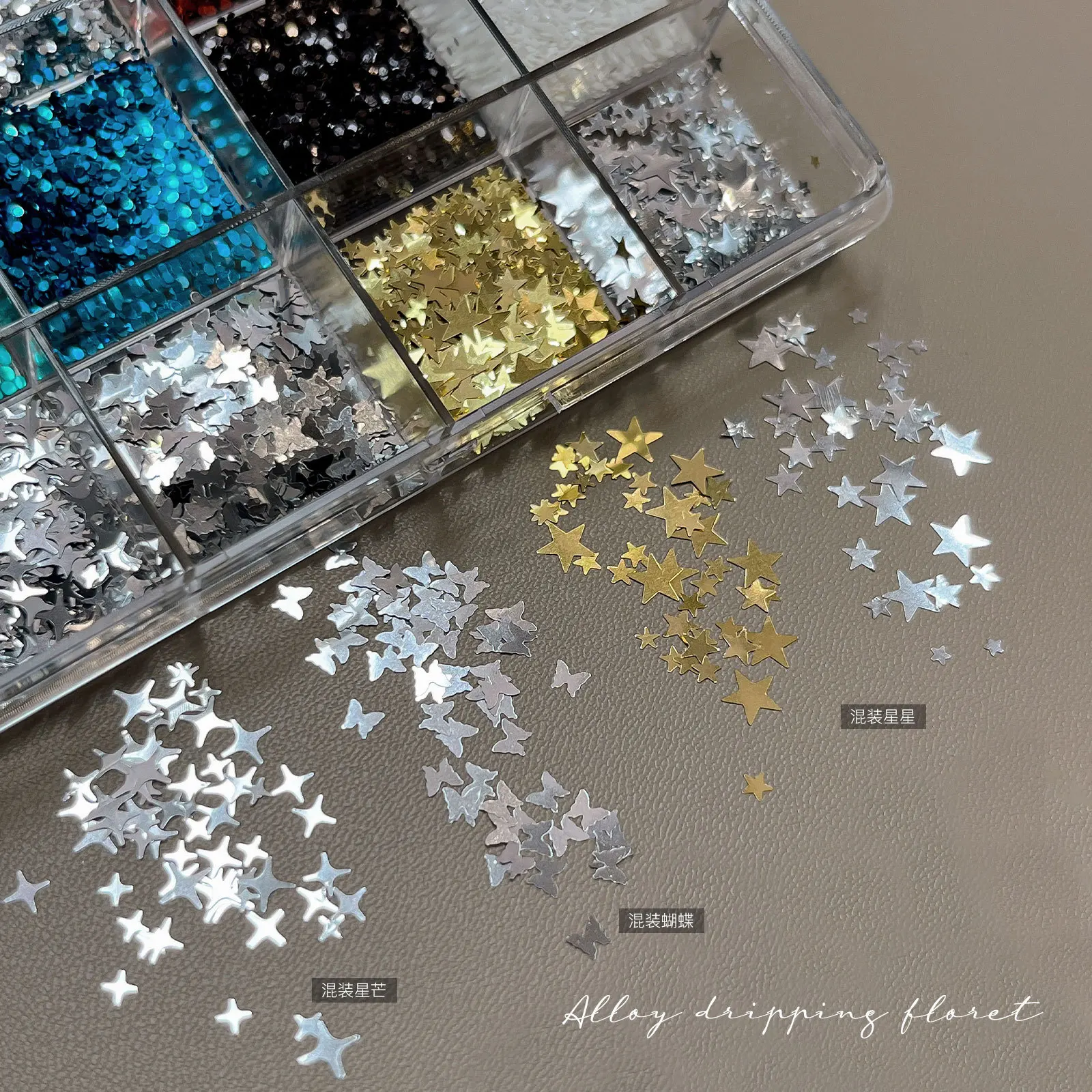 12Girds Mixed-Shapes Nail Art Sequins Laser Effect Multi-colored Mini Polka Dots Star Butterfly Nail Flakes DIY Shiny Nail Decor