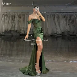 Qanz Mermaid Olive Green Prom Dresses Beadings Hgh Slit Satin Off Shoulder Evening Luxury Dress Vestidos De Festa Customized