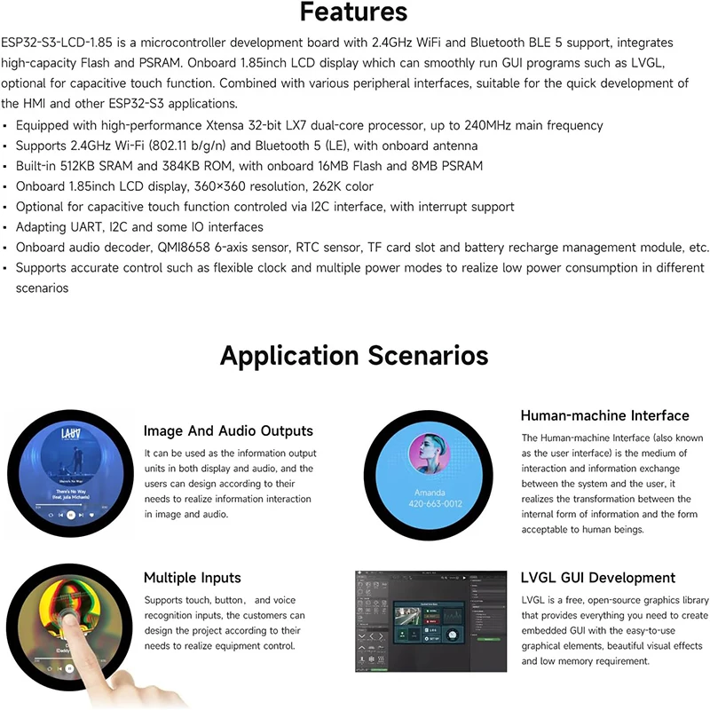 Waveshare ESP32-S3 1.85 inch IPS TFT Round LCD Display Development Board 360x360 Support WiFi Bluetooth for LVGL GUI/HMI/Arduino