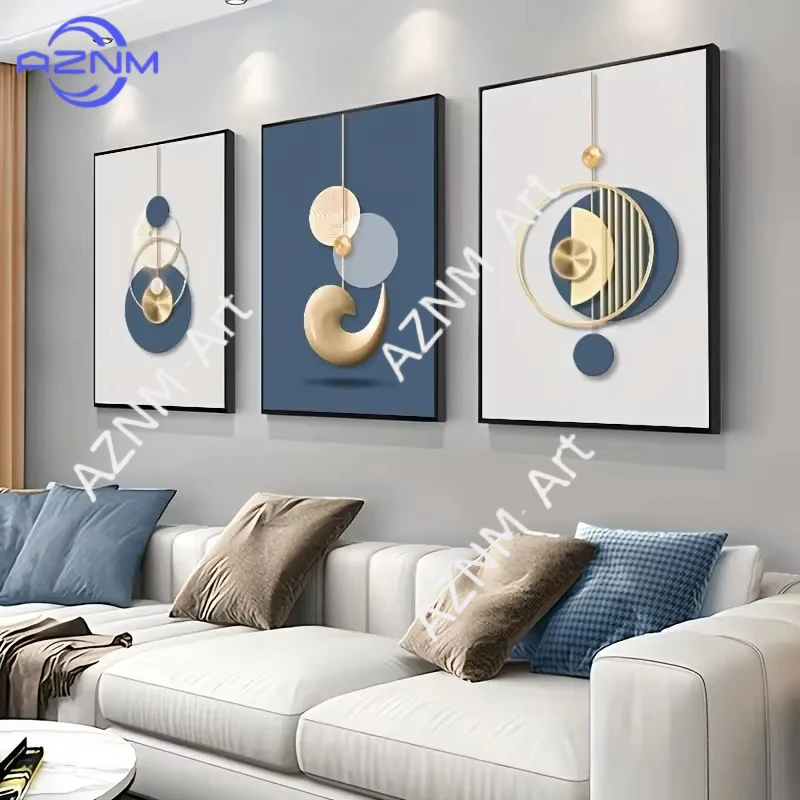 1PC/3PCS Affiches sur toile, Art moderne, Impressions graphiques abstraites dorées et bleues, Décoration murale pour salon et couloir