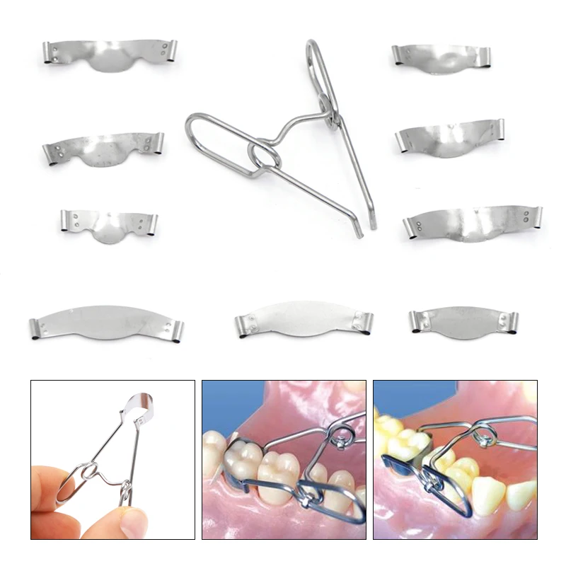 

100pcs Dental Sectional Contoured Metal Matrices Matrix with Springclip Band Resin Clamping/Seperating Ring Dentist Tools