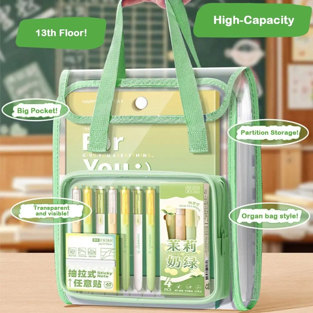 

A4 File Folder Transparent 13 Pockets Paper Document Organizer Vertical Design Handheld Subject Classification Folder