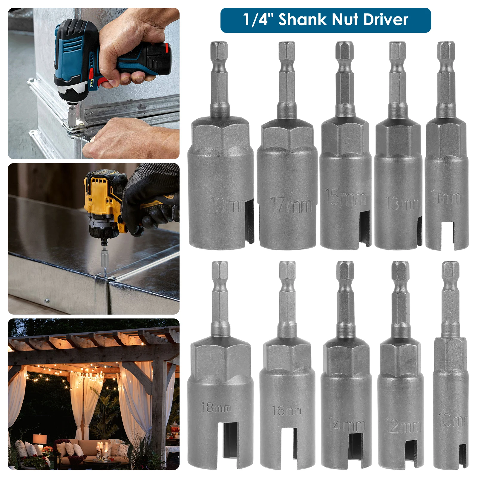 

5Pcs 1/4inch Hex Shank Wing Nut Driver Set 10-19mm Steel Slot Wing Nut Driver Socket Wrench Tool Sturdy Butterfly Bolt Wing Nut