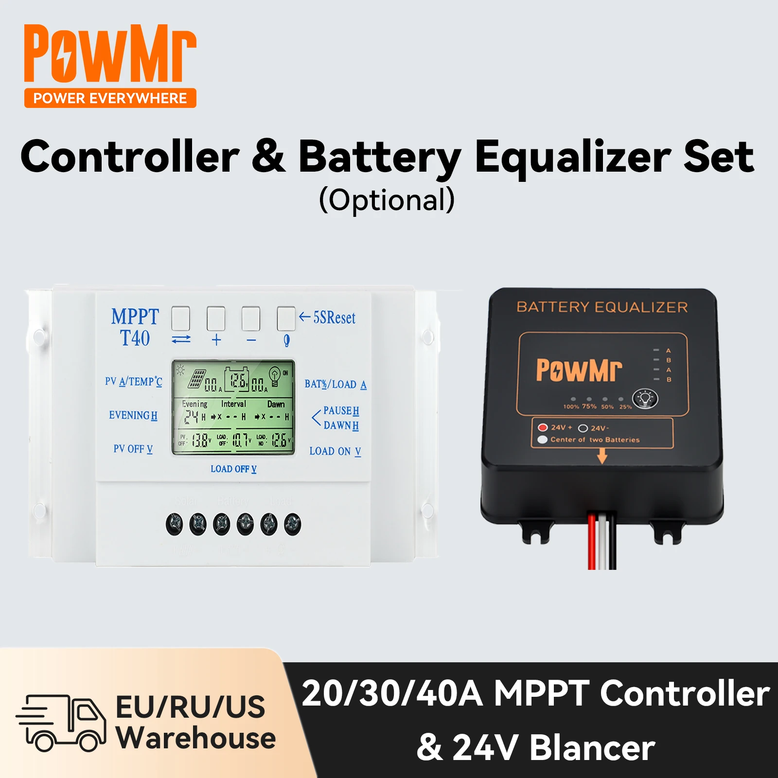 PowMr 20A 30A 40A MPPT Solar Charge Controller Battery Equalizer Set for 24V System Lead Acid Lifepo4 Lithium Battery Regulator