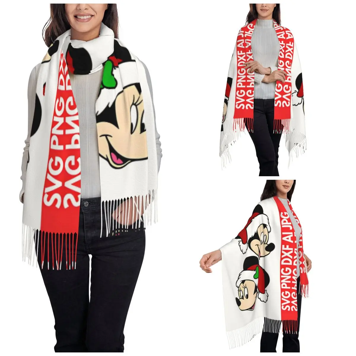 Womens Scarf with Tassel Cartoon Minnie Mickey Mouse Large Winter Warm Shawl and Wrap Daily Wear Cashmere Scarf