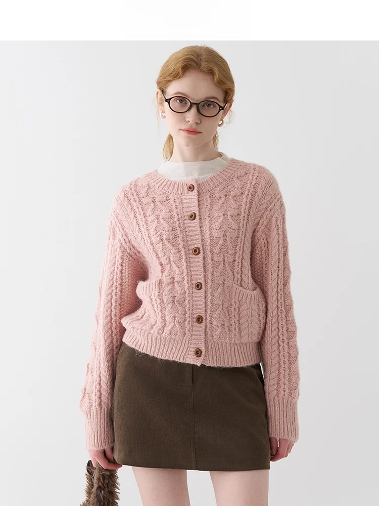 

Мягкий уютный розовый вязаный кардиган для женщин, осенне-зимний винтажный свитер с узором «косы» и цветами, куртка для дам