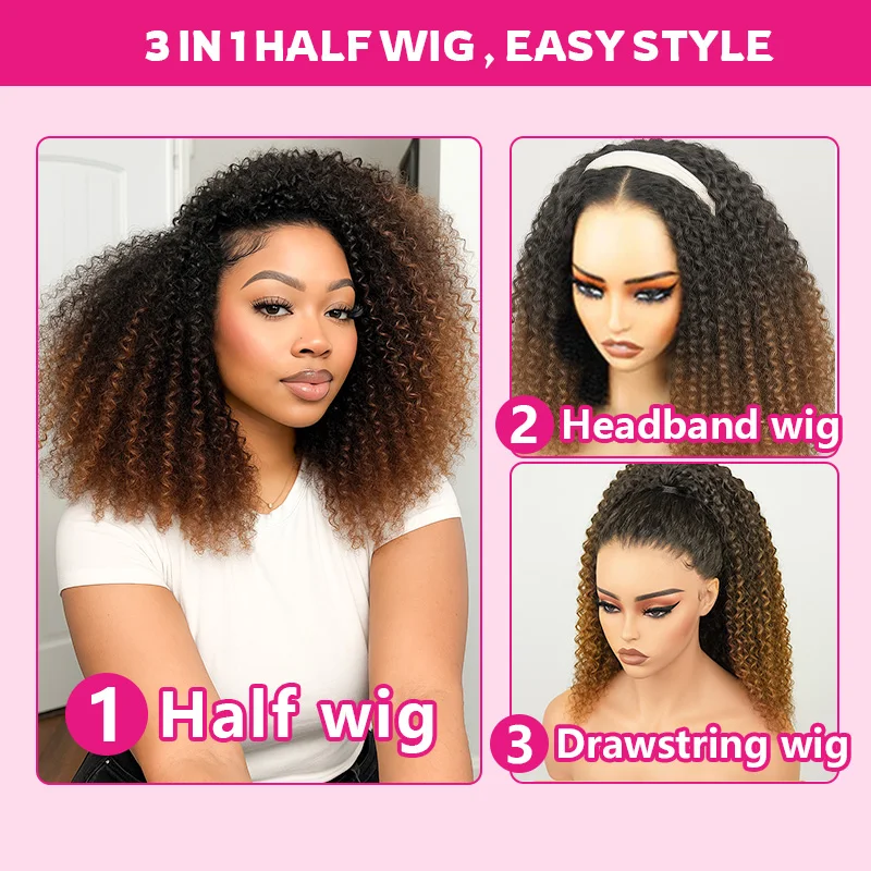 TB4 Marrone Evidenzia anni '70 Bouncy Soffici Soffio Afro Ricci Crespi Ricci Mezza Parrucca Capelli Umani Fatta a Macchina 3/4 Mezze Parrucche con Coulisse