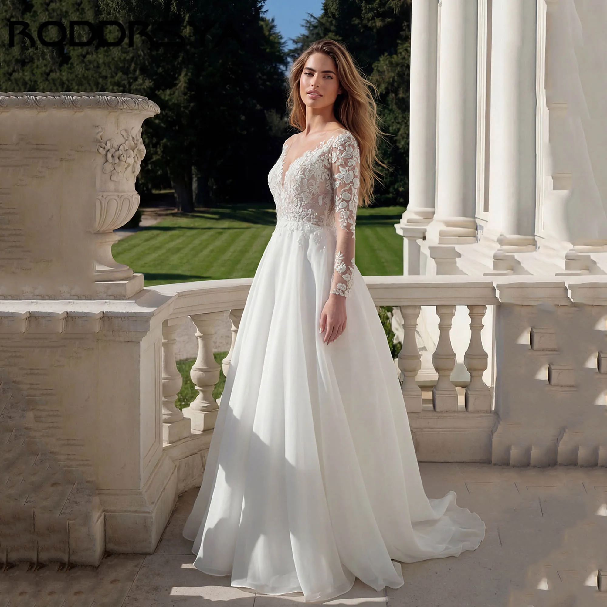 

RODDRSY Elegant Organza Wedding Dresses Appliques Long Sleeves V-neck Bridal Gowns Romantic A-line vestidos de novia Customized