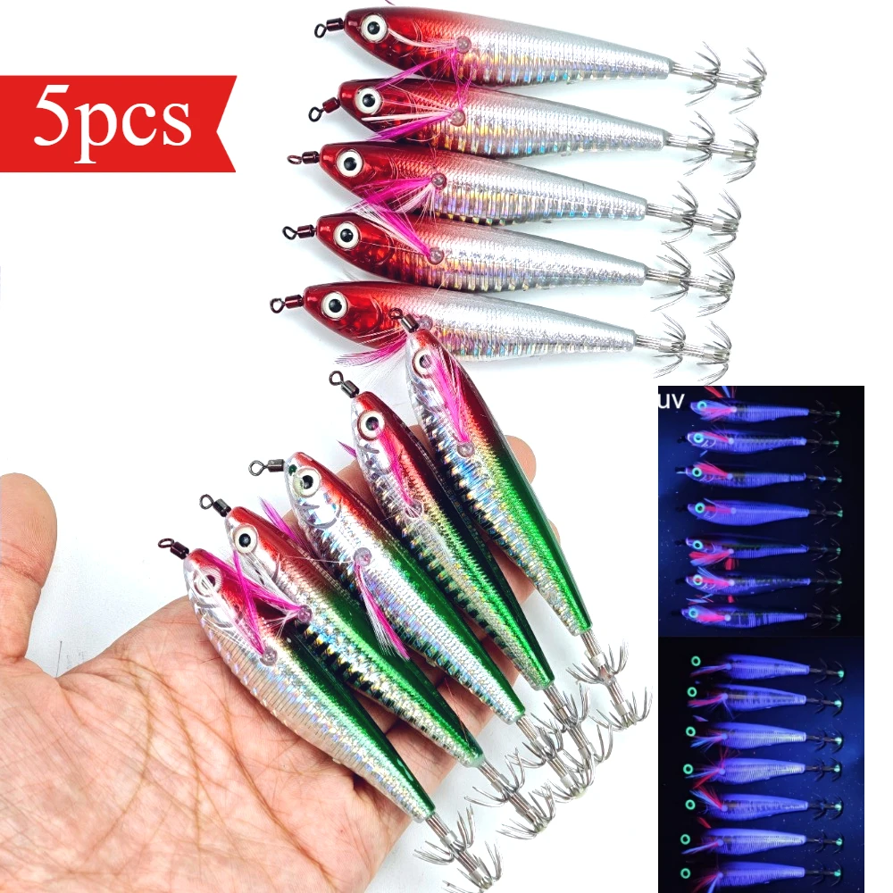 5pcs UV Horizontal Squid Jig 10.5cm Laser Holographic Body Wood Shrimp Luminous Realistic Egi Lure Sea Octopus Fishing Tackle