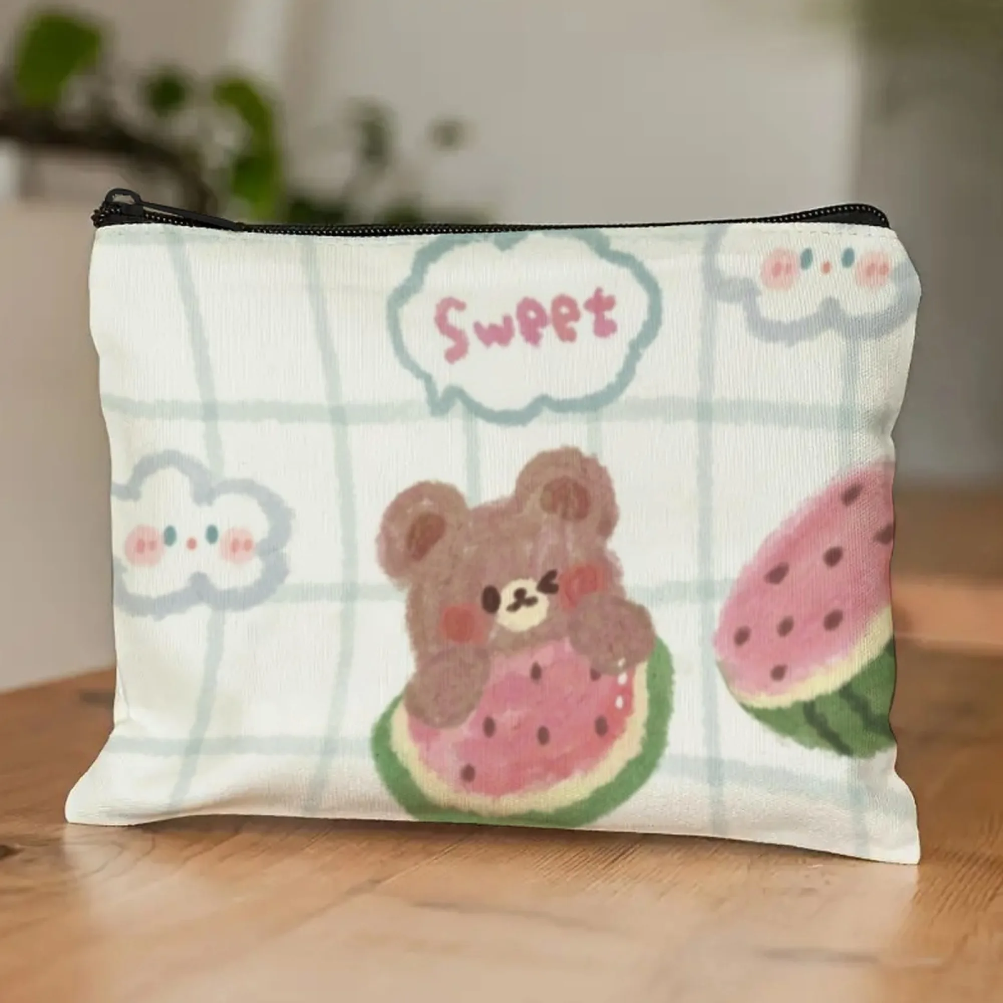 Playful Cute Bear Cosmetic Bag with Watermelon & Sweet Design Adorable Organizer for Lip Gloss & Summer Beauty Essentials