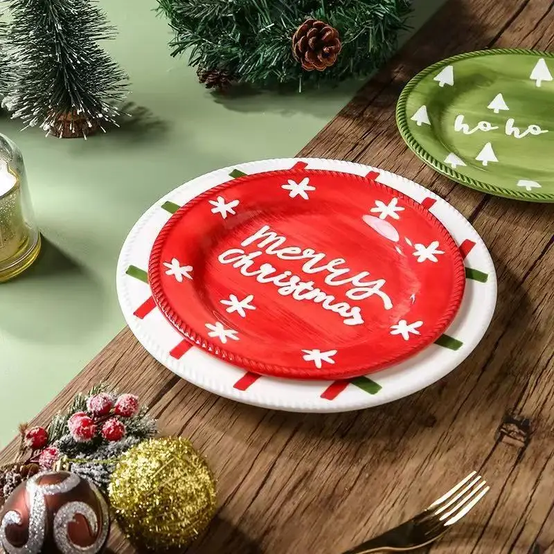Christmas hand-painted ceramic tableware set, red and green plates, bowls, mugs, home Christmas parties, Western food plates