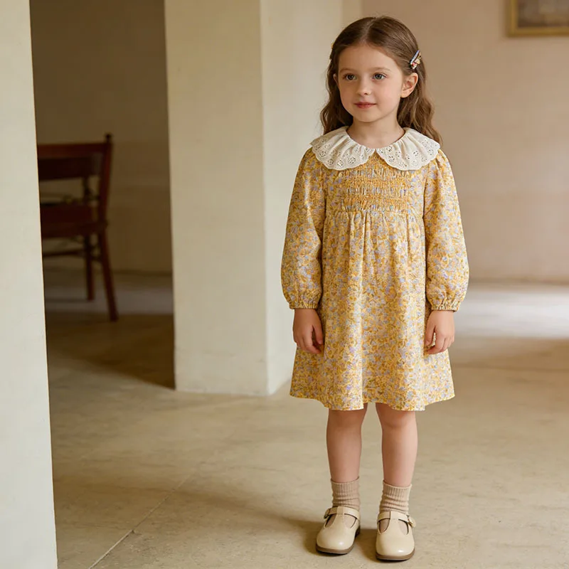 

Girls' dress for spring and autumn, children's floral dress with lace collar, princess dress for girls, baby girl's long-sleeved