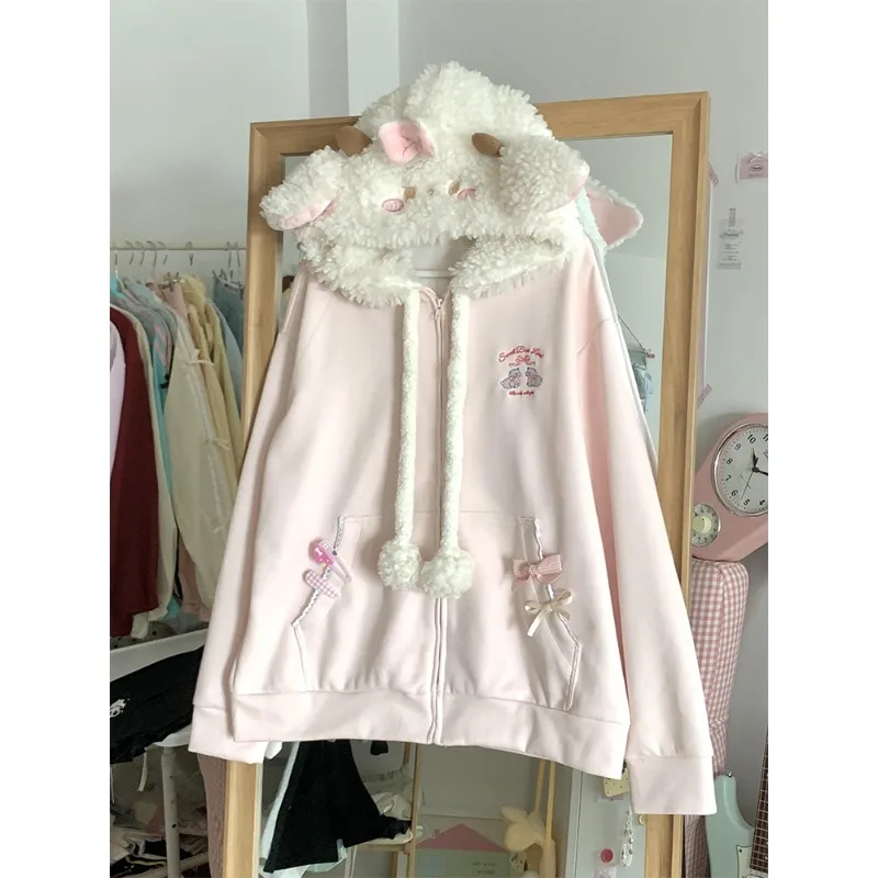 Winter New Kawaii Loose Long-sleeved Coats Japanese Subculture Lovely Embroidery Hoodies Women's Harajuku Zipper Design Outwear