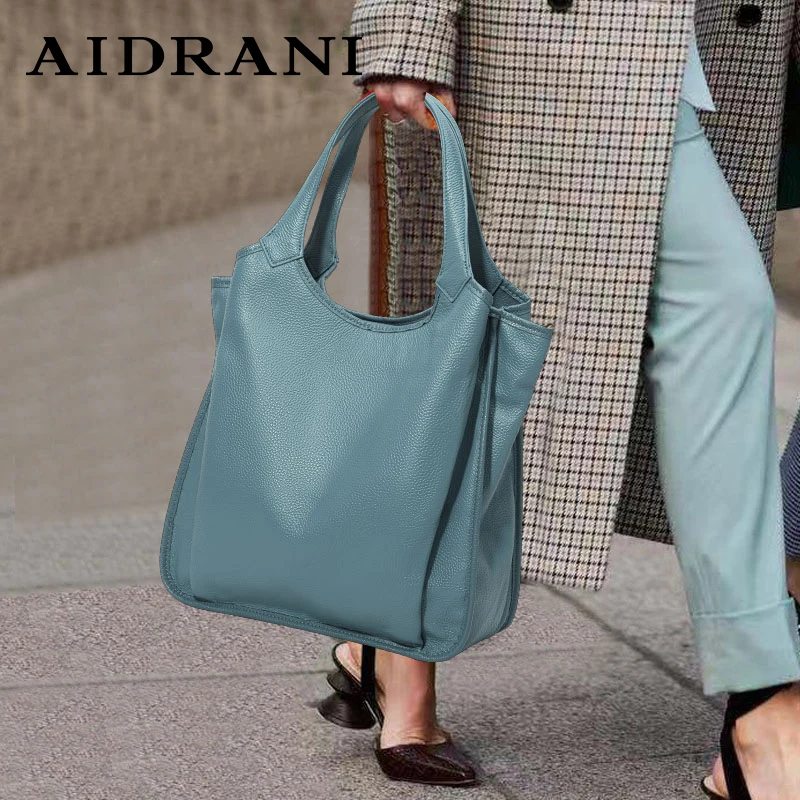 Aidrani New Minimalist WOMEN\'S Tote Bag with Large Capacity and Solid Color Design Soft Cowhide Single Shoulder Underarm Bag