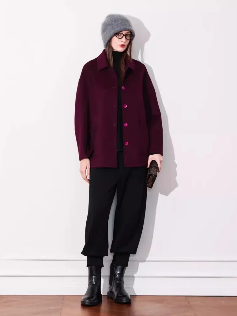 

Шерстяное двустороннее пальто класса люкс Ele для полных женщин, комфортная посадка, корейский стиль, повседневная одежда на все сезоны, доставка до 9 апреля