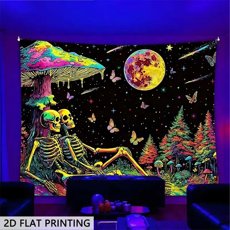 VIKAMA Trippy Skeleton Wall Tapestry Mushroom Full Moon Psychedelic Pattern For Living Room Bedroom Surreal Wall Cloth Home Deco