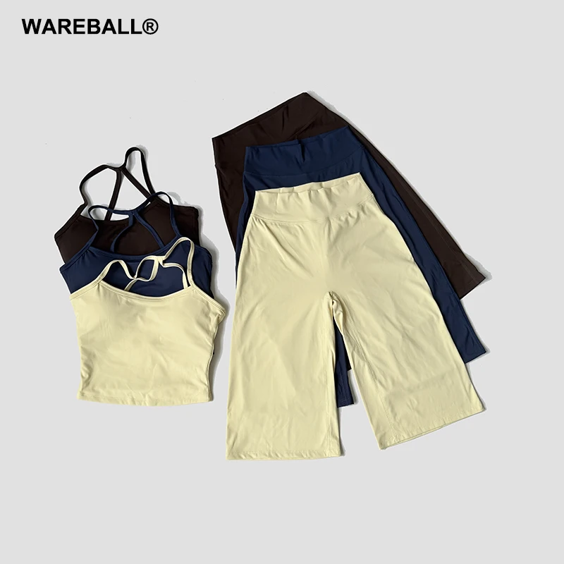 WAREBALL Women 2 Piece Fitness Set Buttery Soft High Waist Scoop Neck Top & Straight Leg Capris Workout Running Sportswear