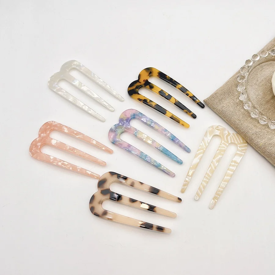 2pcs Women's Multicolor Acetic Acid U-Shaped Hairpin Bun Holder Chinese Style Hairpin French Low Bun Hairpin Mother's Day Gift image 2