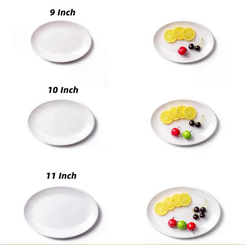 9-14 inch Oval White Melamine Plates Dinner Set Imitation Porcelain Dish Flat Steak Trays Kitchen Hotel Table Service Durable