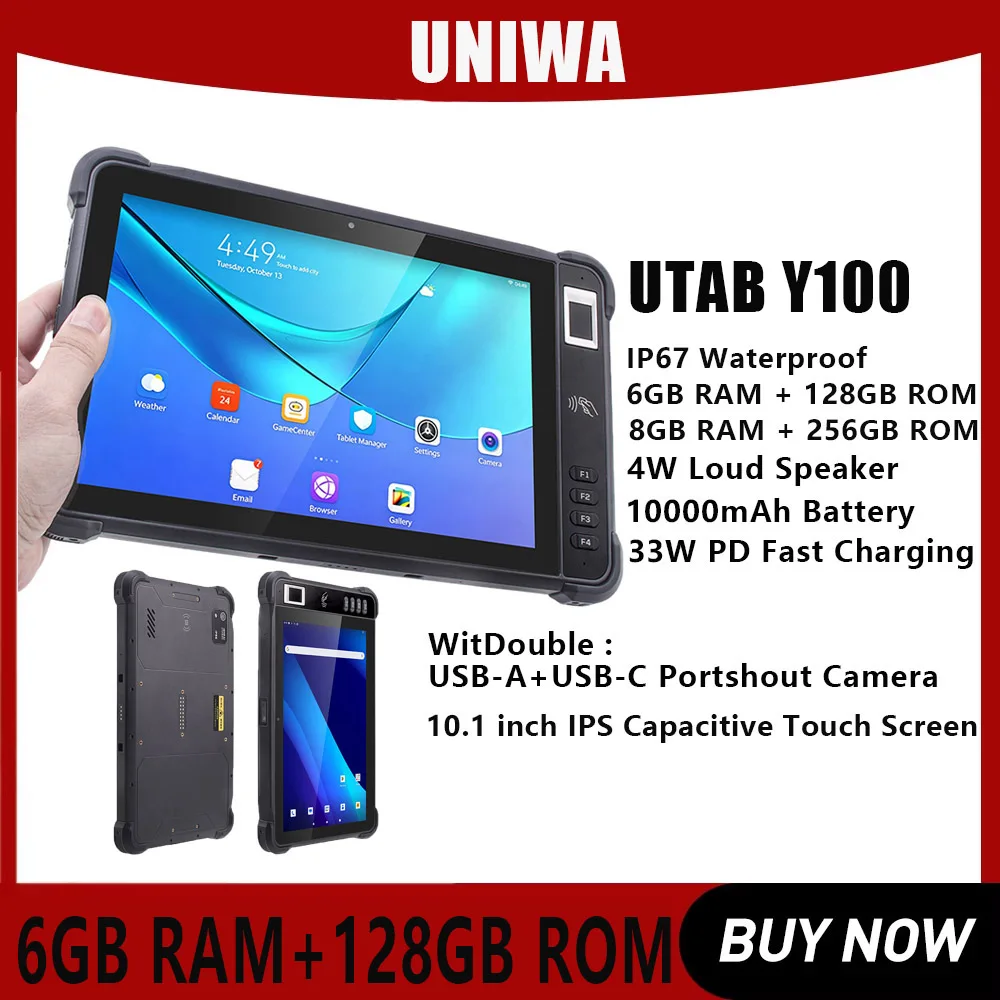 UTAB Y100 IP67 Rugged Tablet 10.1 Inch Octa Core 6GB RAM+128GB ROM 10000mAh 33W Fast Charging Optional Barcode Scanner
