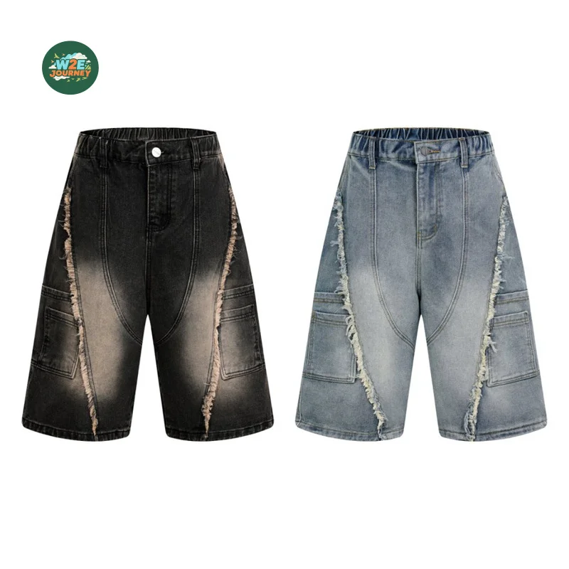 W2EJOURNEY EU US Size Vintage Raw Fray Fringe Hem Patchwork Denim Shorts Unisex High Street Trend Hip Hop Loose Fit Jean Shorts
