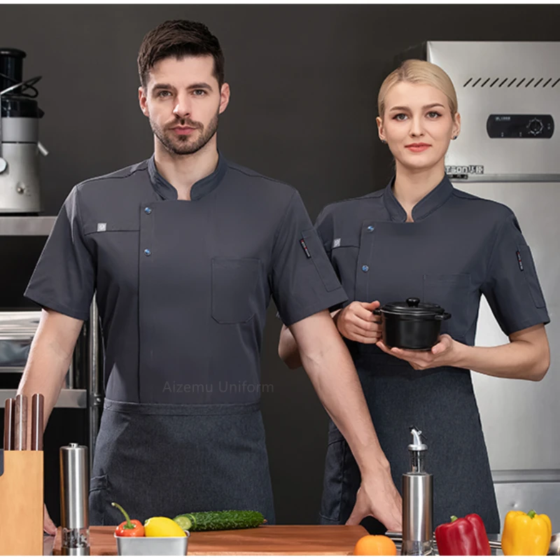 Summer Chef shorts Jacket Men grey Chef uniform apronmanica corta cappotto da cuoco traspirante ristorante cucina abiti da lavoro neri