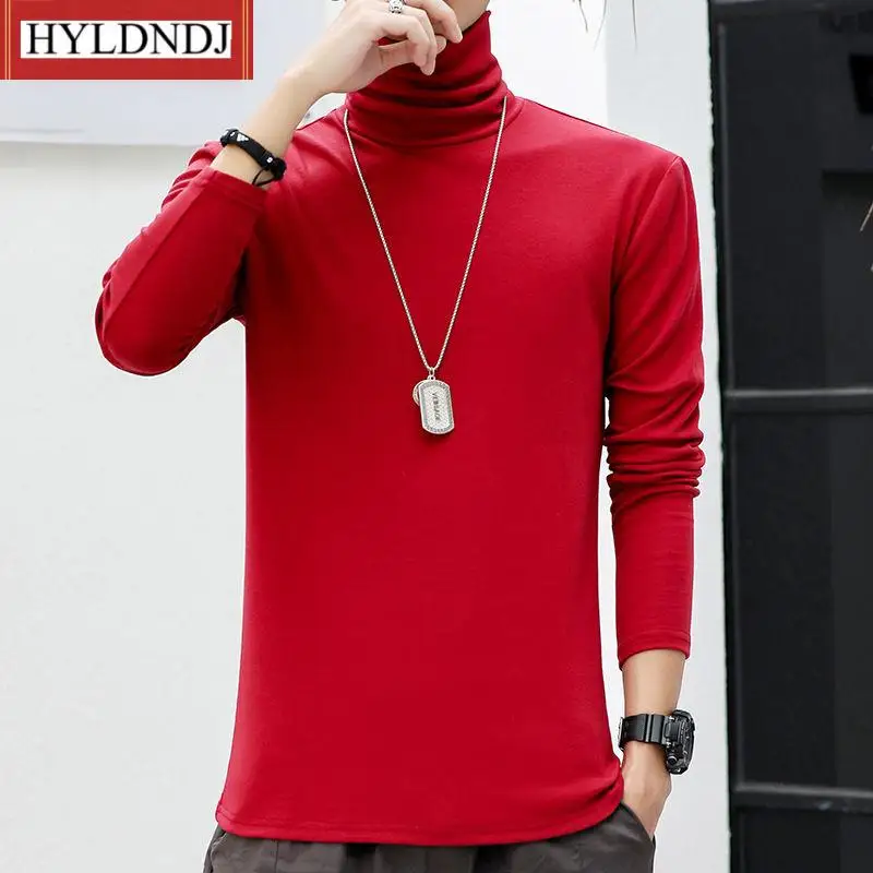 Male New Casual Jumpers Autumn Winter Turtleneck for Men Solid Colour Slim Elastic Pullover Long Sleeve T Shirts 2023