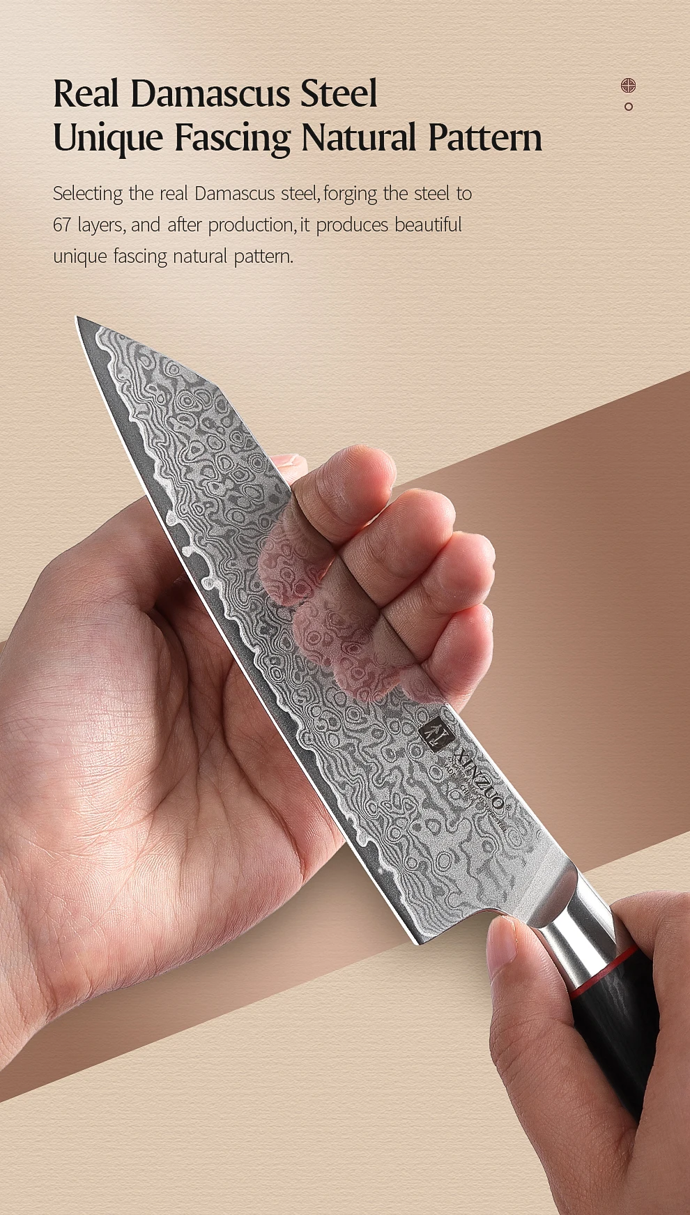 XINZUO 5,8 Zoll Bunka Messer 67 Lagen Damaszener Stahl 10Cr15CoMoV Kern 60 HRC Carbonfaser G10 Griff – Detail 7