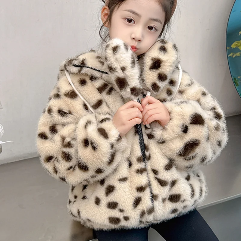 Girl Winter Jacket Autumn Thicken Hoodie Zip-Up Jacket Tops Coat Leopard Print Child Versatile Kawaii Fashion Casual Clothing