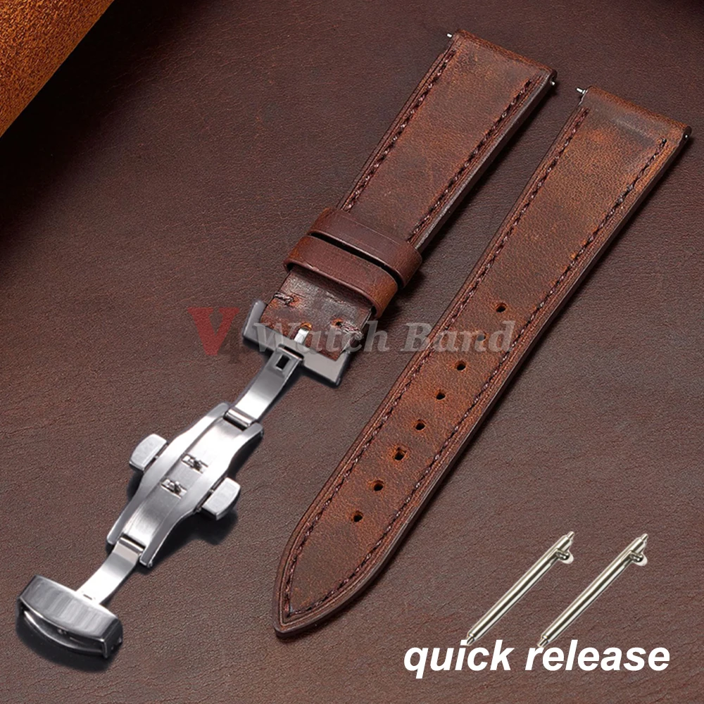 Vintage Leather Watch Band Butterfly Buckle Stitching Cowhide Strap for Omega 18/19/20/21/22/24mm for Wrist Bracelet for Seiko