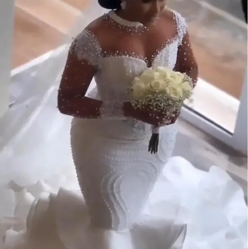 Personalizado ver através de pérolas contas sereia vestidos de casamento vestido de noiva manga cheia babados em cascata vestidos de noiva