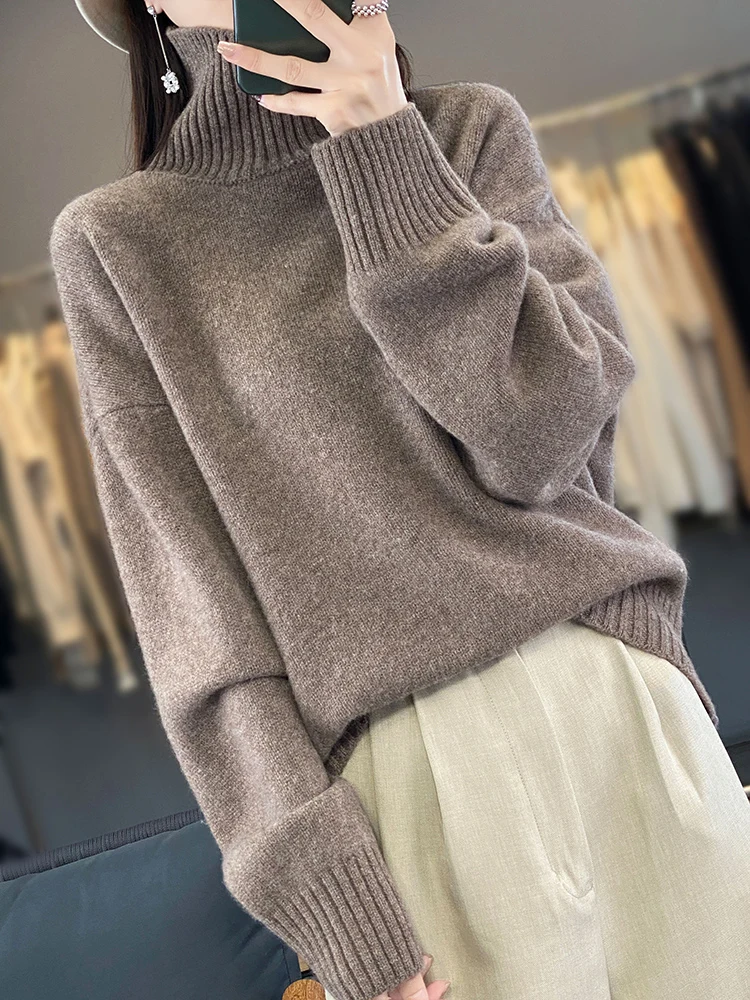 Autumn Winter Women Turtleneck Pullover 100% Merino Wool Sweater Long Sleeve Casual Loose Fashion Female Knitwear Clothing Tops