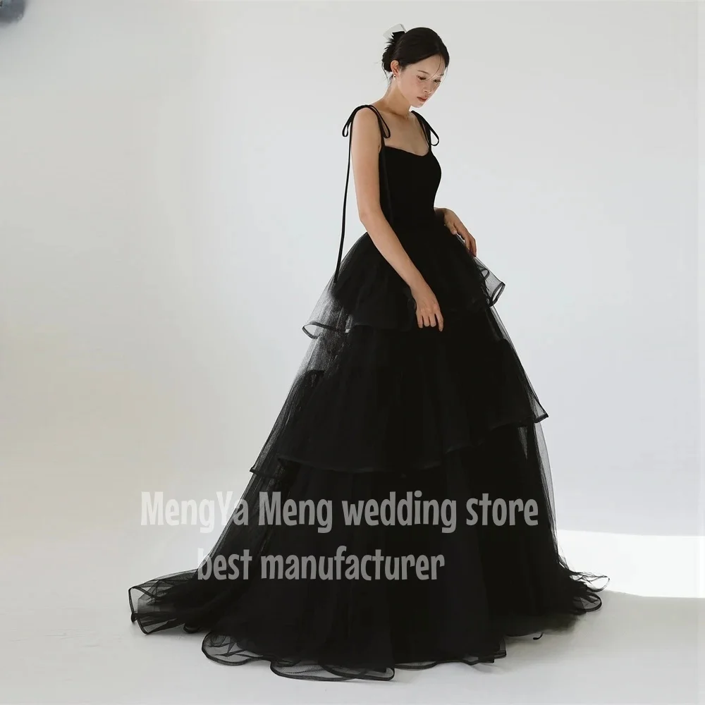 

Tulle Tiered Evening Dresses Korea Black Wedding Party Layered Photo shoot Spaghetti Straps Floor Length Bride Gowns Corset Back