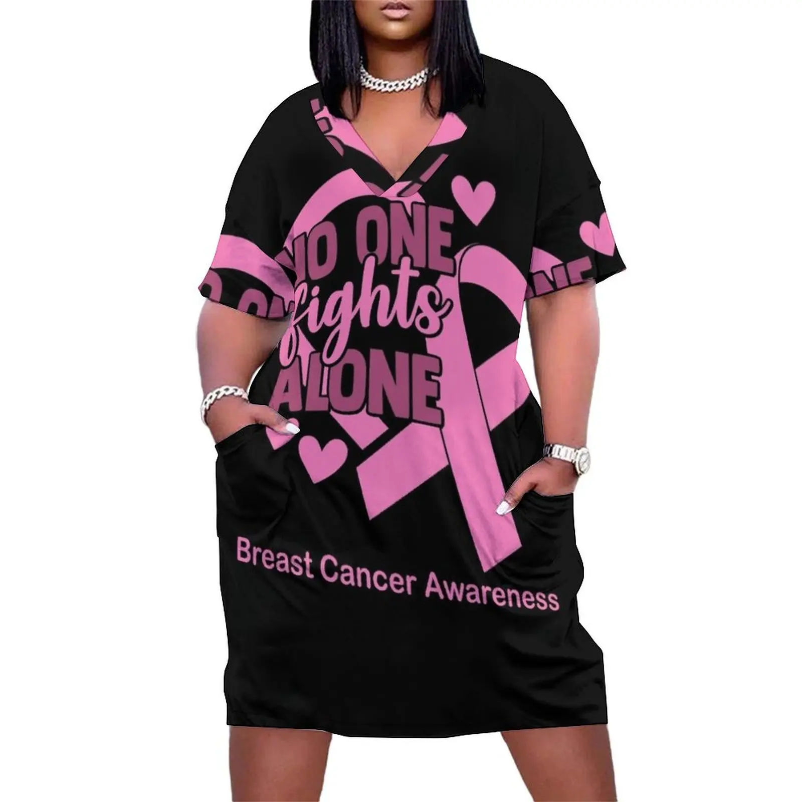 

No One Fight Alone Breast Cancer Awareness Loose Pocket Dress Woman's evening dress evening dress ladies