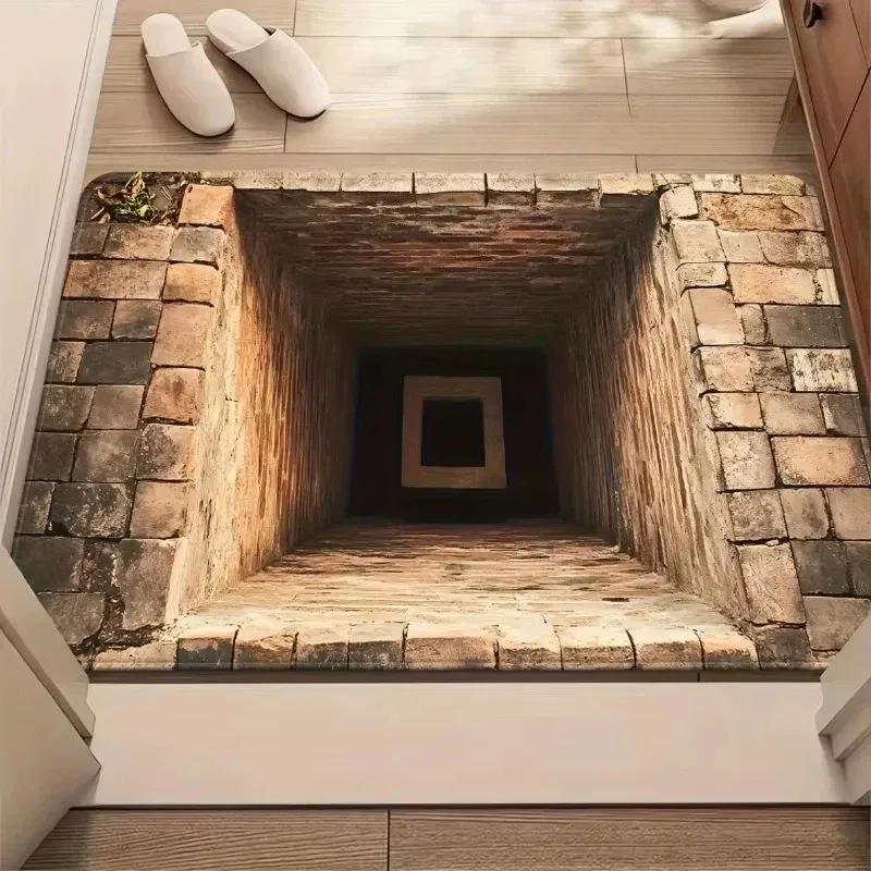 3D Deep Well Visual Illusion Doormat Brick Tunnel Pattern Non Slip Entrance Mat Funny Prank Floor Rug for Home Entryway Decor