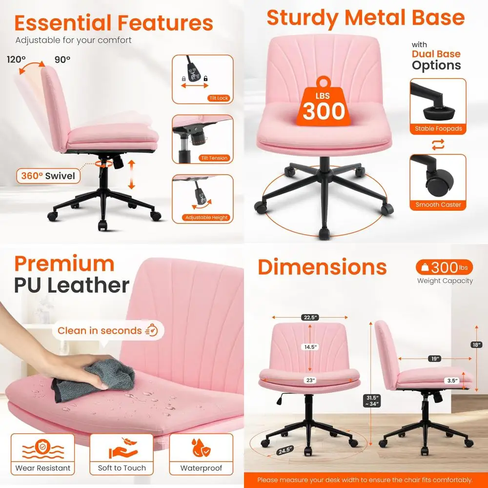 

Plush Swivel Desk Chair with Wheels, Wide Seat, Adjustable, Armless, Leather, for Home Office Use (Pink)