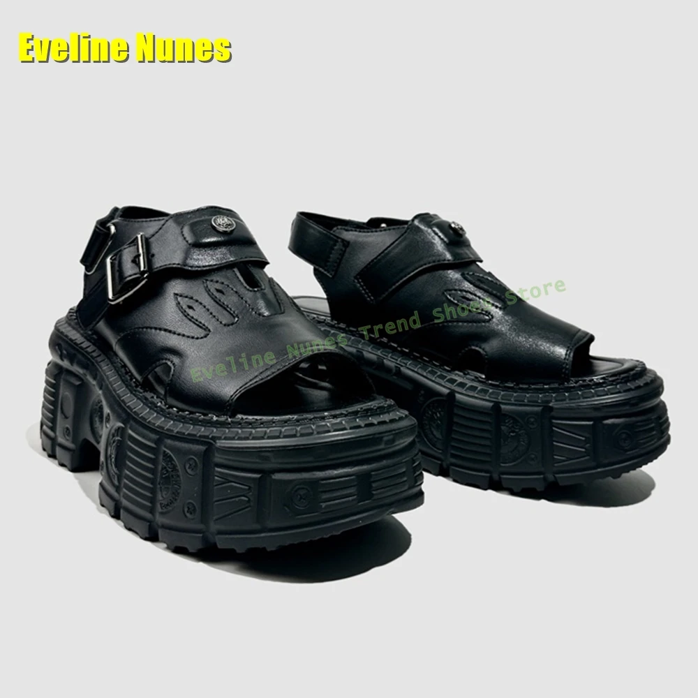 

Flame Pattern Platform Punk Sandals Open Toe Tank Sole Metal Buckle Couple Big Size 34-44 Fashion Slingback Shoes 2025 New Style