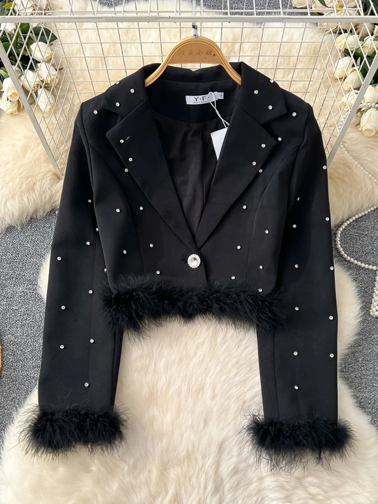 EWQ High-end Diamond Studded Short Blazer Women's Notched Long Sleeves Single Button Feather Splicing Coats 2024 New 27X1629