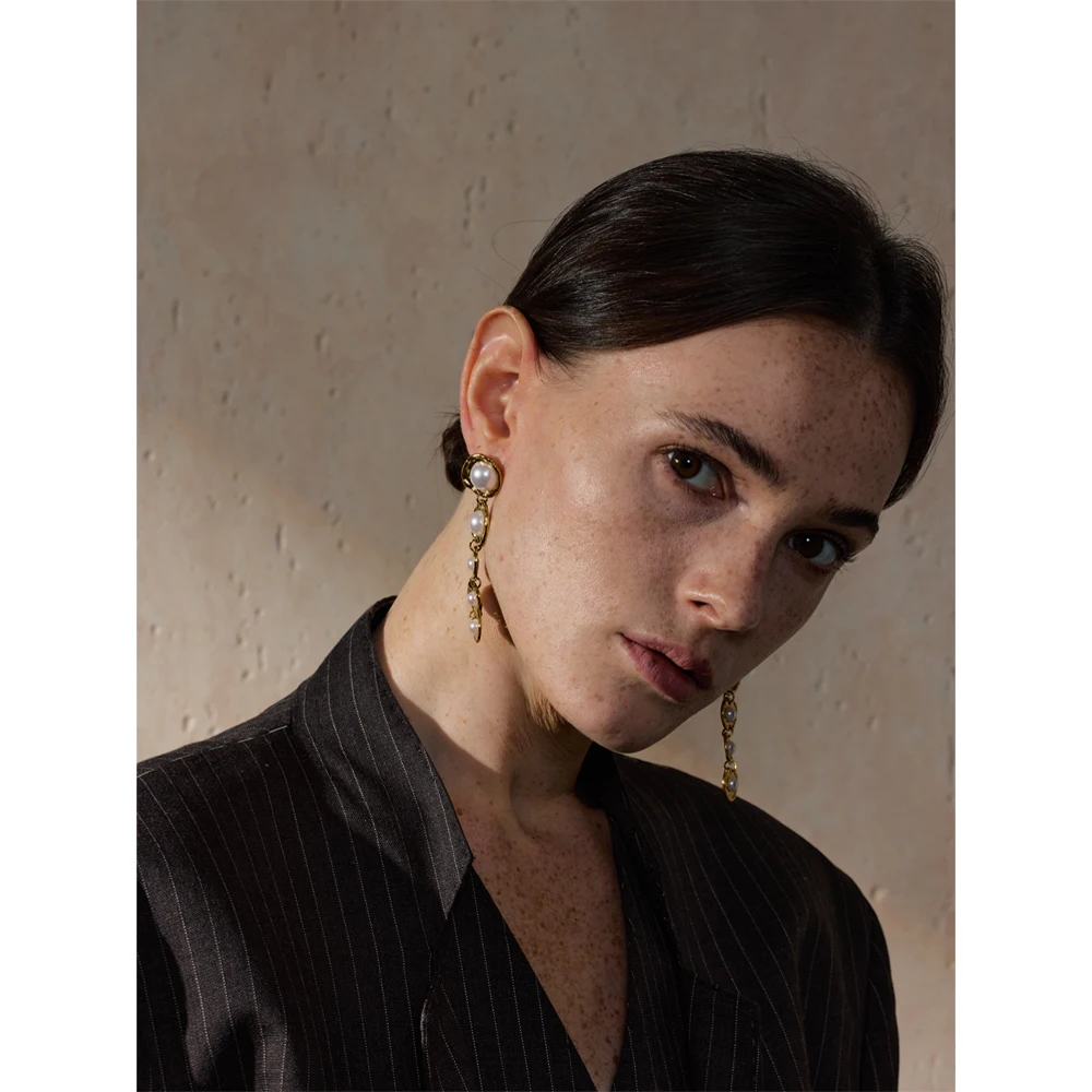 Yhpup Stainless Steel Simulated Pearls Golden Long Hanging Drop Earrings Prevent Allergy Fashion Popular Statement Jewelry Gift