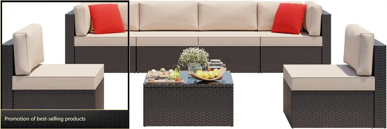 

7 Pieces Patio Furniture Sets, Outdoor Modular Sectional Sofa Patio Conversation Set PE Rattan Wicker Sectional Couch