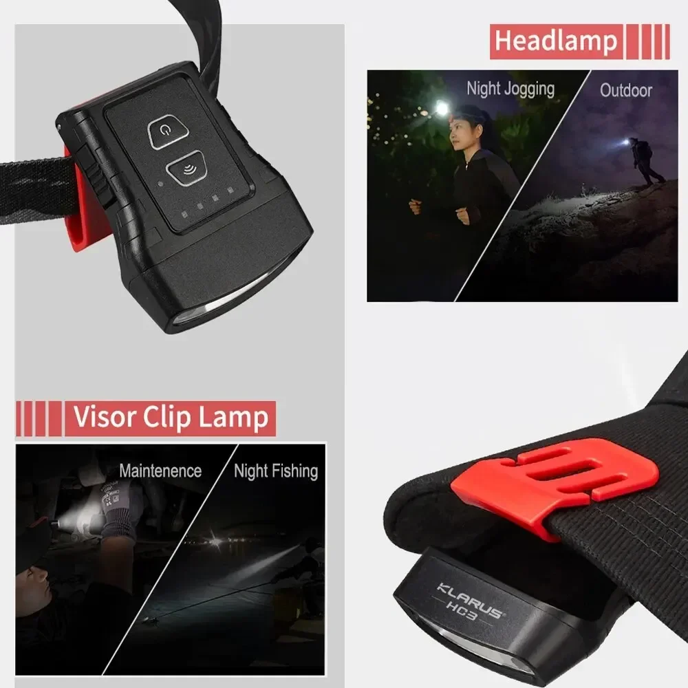 Klarus HC3 แบบชาร์จไฟได้ COB ไฟหน้า USB ไฟฉาย 100lm คลิปบนหมวก Light Motion Sensor ไฟหน้าสําหรับตกปลา Camping
