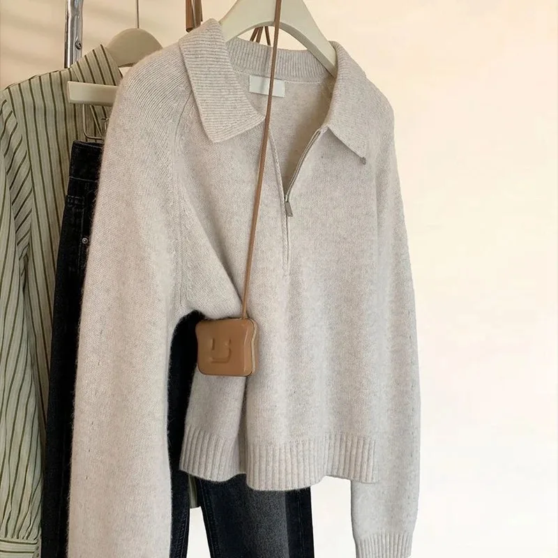 Women Polo Collar Half Zipper Sweaters Solid Color Autumn Winter Warm Tops Female Lapel Kintted Pullovers Elegant Chic Knitwear