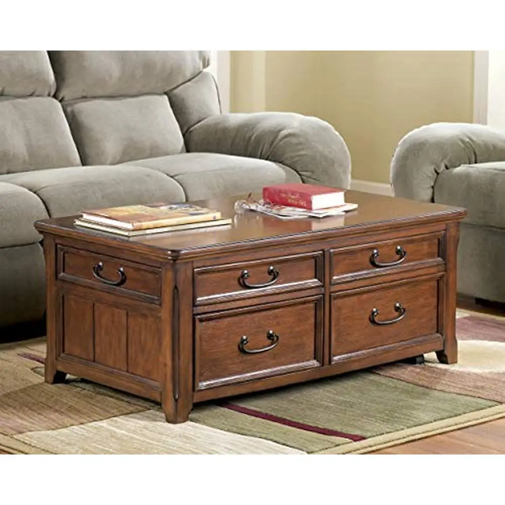 Woodboro Traditional Rectangular Lift Top Coffee Table with 4 Drawers and Casters For Movement Dark Brown