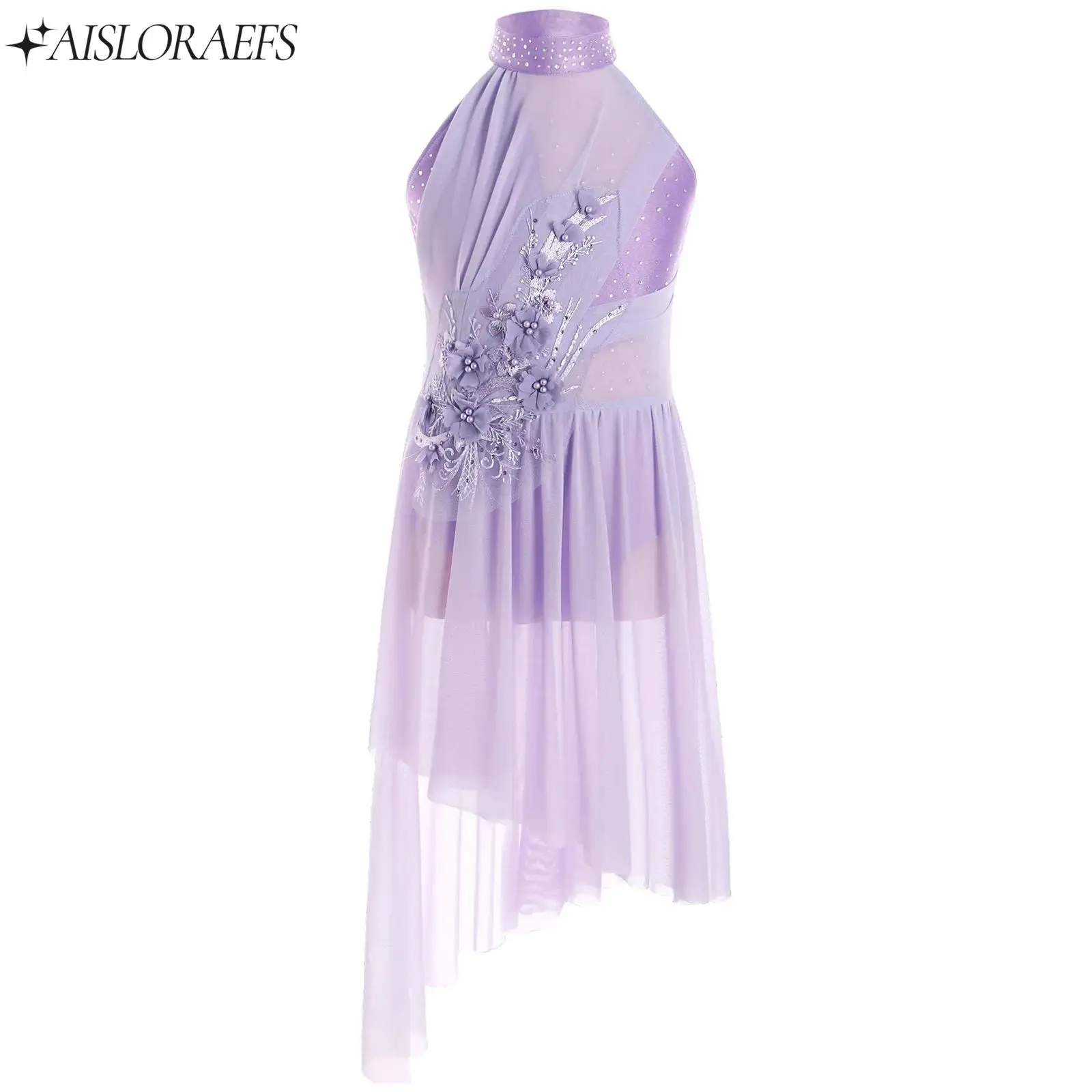 

Girls Figure Ice Skating Dress Lyrical Dance Ballet Gymnastics Leotard Tutu Sleeveless Applique Rhinestone Performance Dancewear